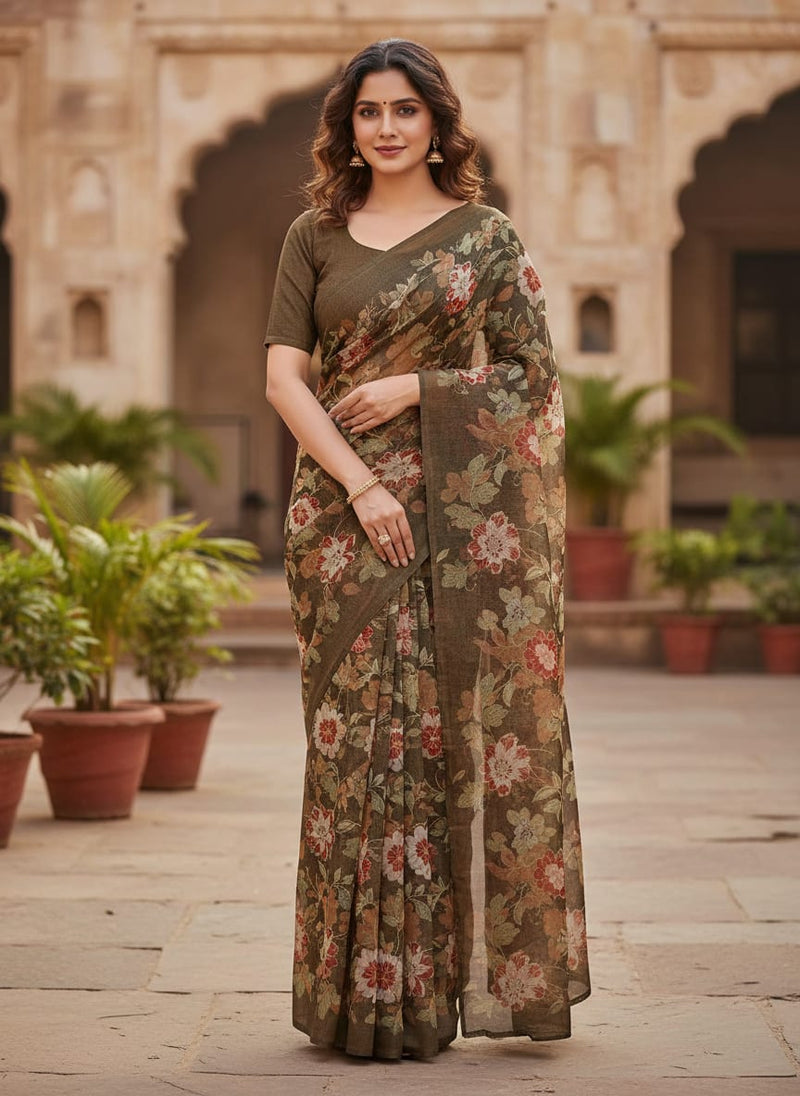 Vintage Japanese Floral Print Organza Fabric in Brown - Saree Lookbook - OR-0-TA05266-110