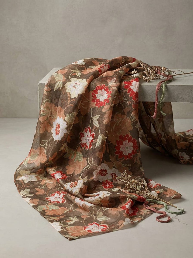 Brown Earthy Vintage Floral Organza Digital Printed Fabric - Fabric Editorial Studio Flatlay Lookbook - OR-0-TA05266-110