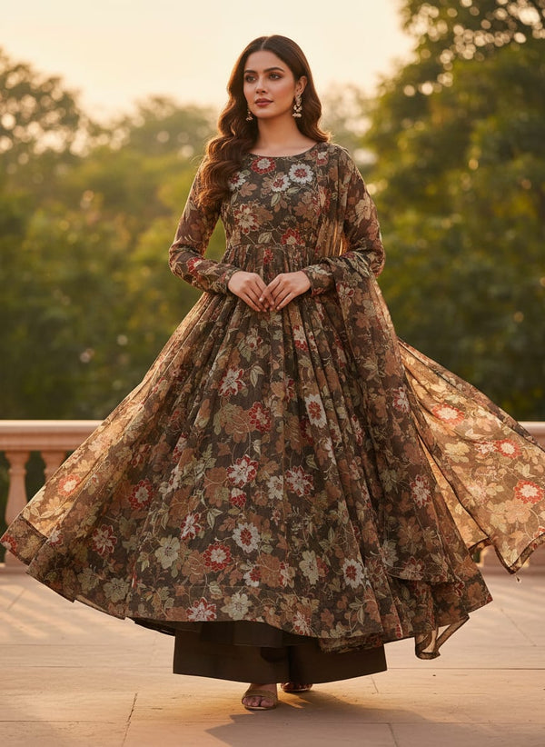 Vintage Japanese Floral Print Organza Fabric in Brown - Anarkali Kurta Set Lookbook - OR-0-TA05266-110 - alternate view
