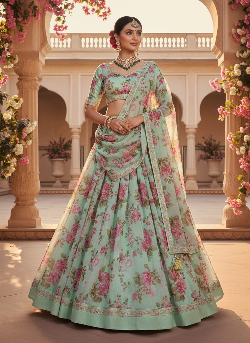 Sea Green & Pink English Rose Floral Organza Fabric