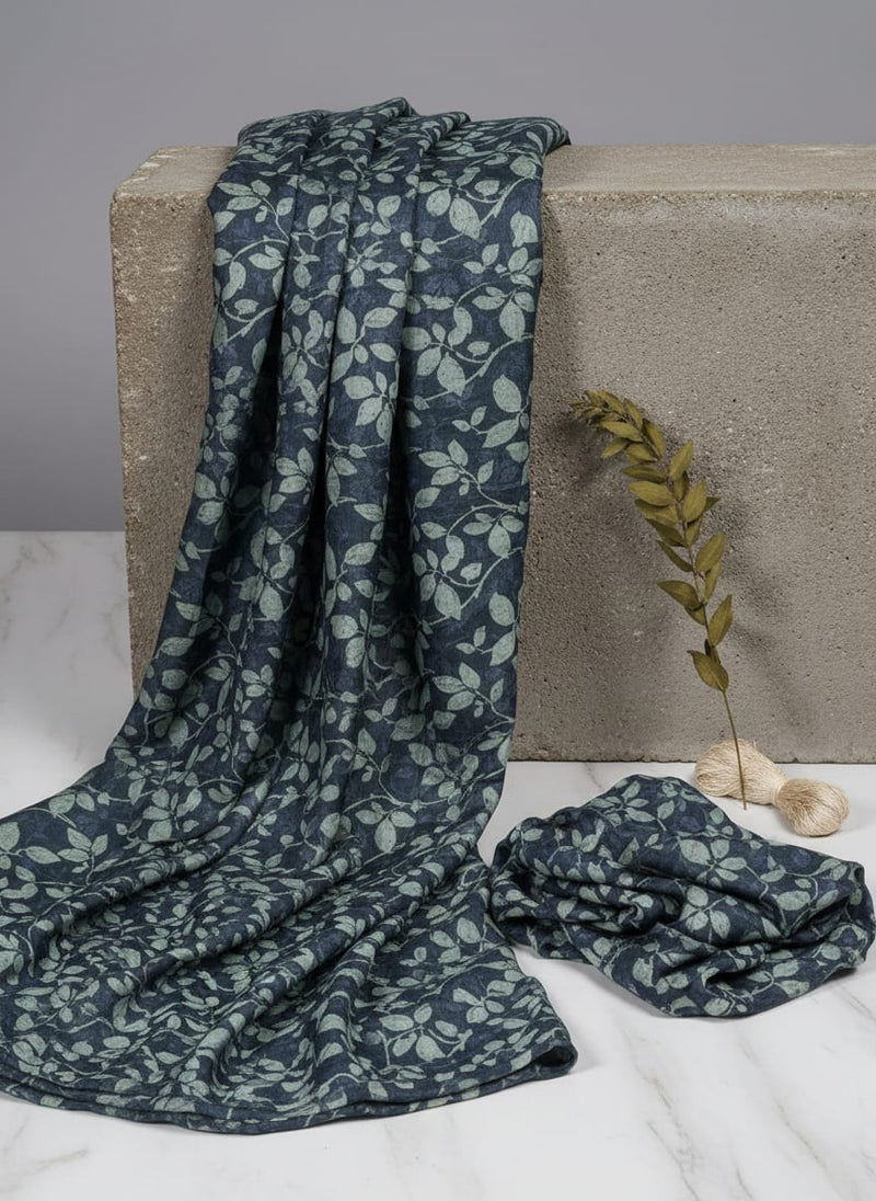 Elegant Navy Blue Leafy Vine Print on Tusser Silk Fabric