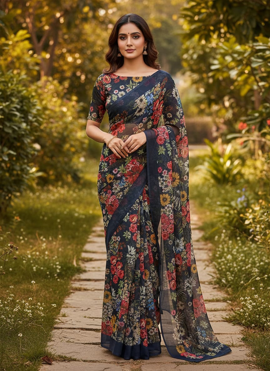 Vibrant Floral Garden on Navy Blue Sheer Organza Fabric