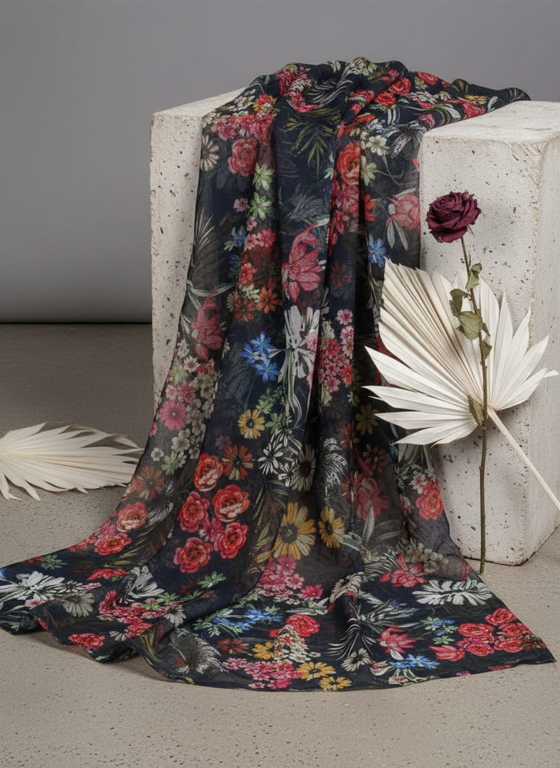 Vibrant Floral Garden on Navy Blue Sheer Organza Fabric