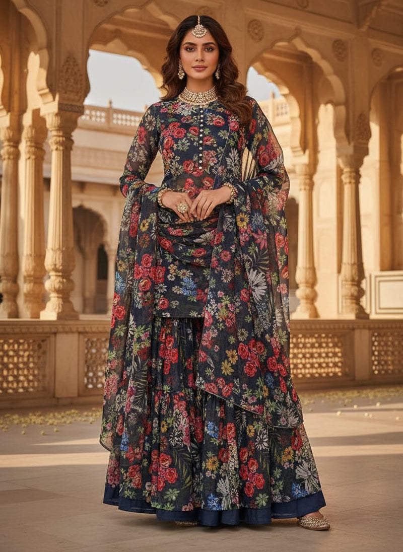 Vibrant Floral Garden on Navy Blue Sheer Organza Fabric