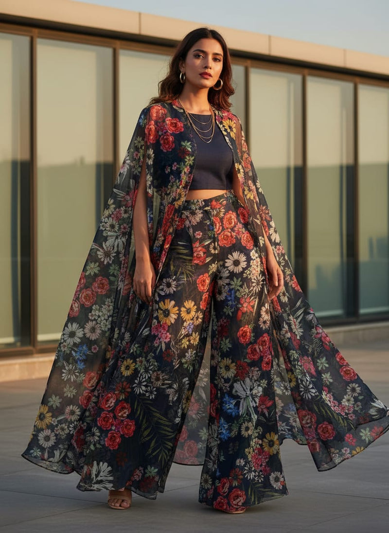 Vibrant Floral Garden on Navy Blue Sheer Organza Fabric