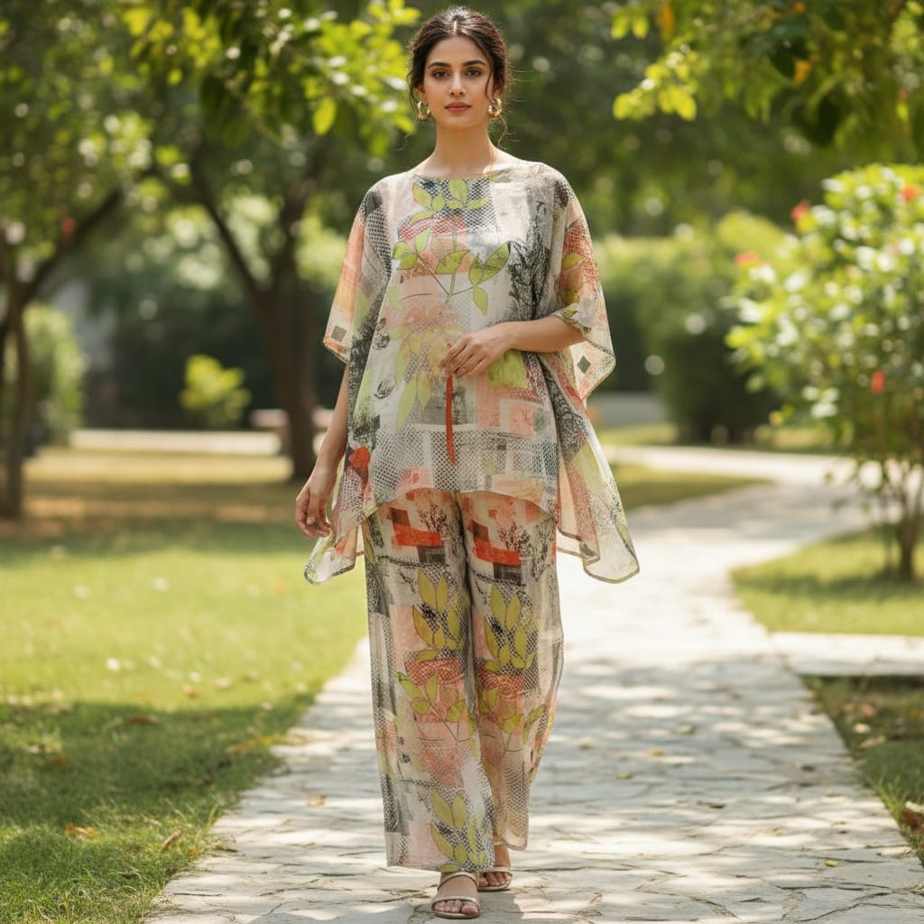 Contemporary Abstract Leaf & Dot Print Organza Fabric