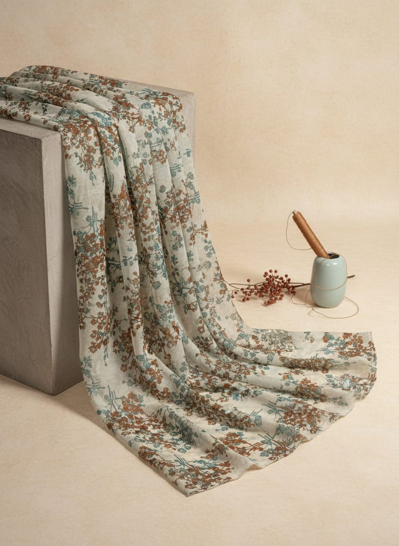 Vintage Blossom Teal & Rust Printed Organza Fabric