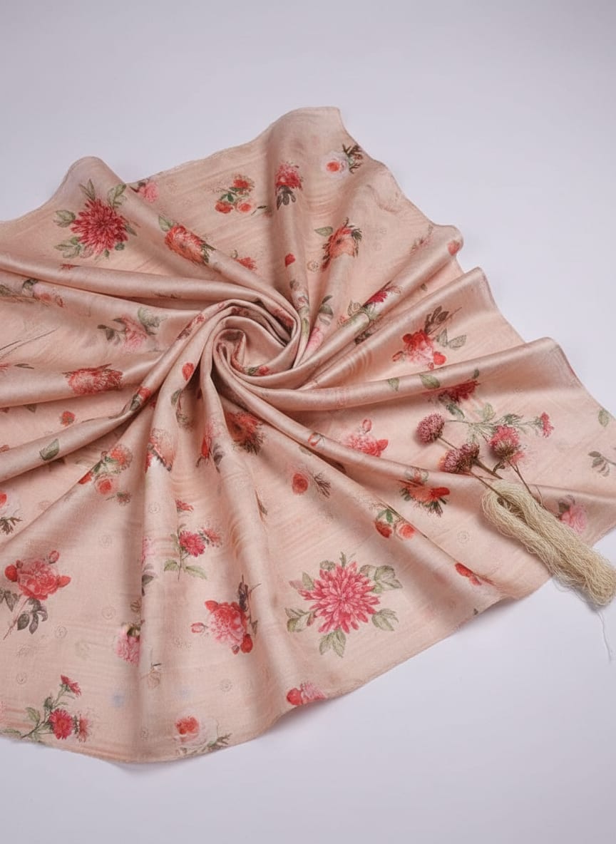 Peach Vintage Rose Floral Tusser Silk Digital Printed Fabric