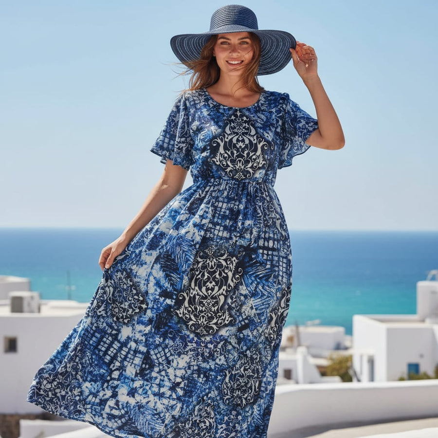 Blue & White Tie Dye Damask Patchwork Rayon Fabric