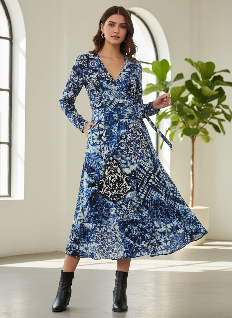 Blue & White Tie Dye Damask Patchwork Rayon Fabric