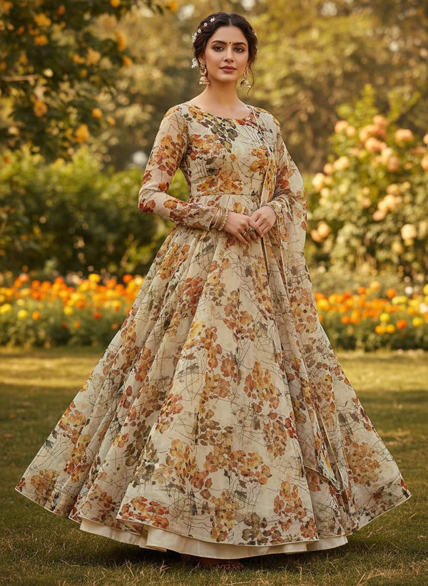 Abstract Watercolour Floral Sketch Organza Fabric - Anarkali Kurta Set Lookbook - OR-0-TA0009-110 - alternate view