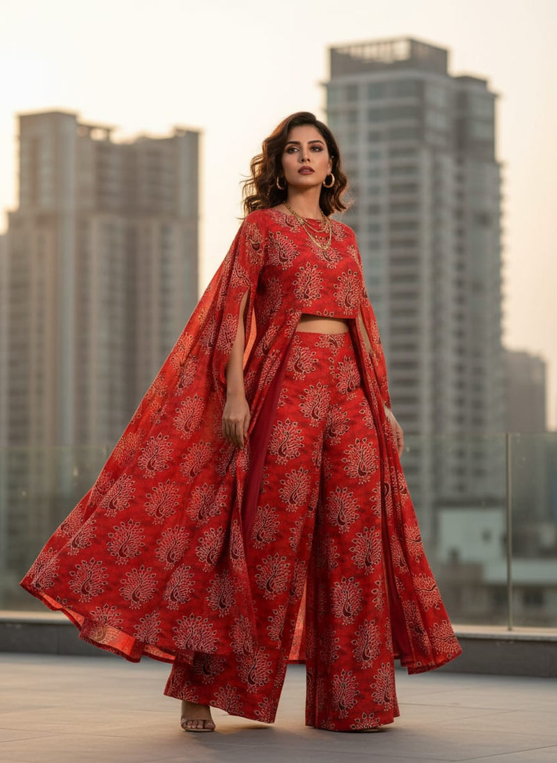 Red and Maroon Stylised Peacock Motif Chanderi Fabric
