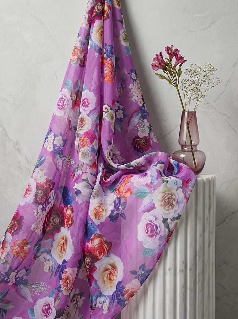 Purple Lush Garden Floral Bouquet Organza Digital Printed Fabric