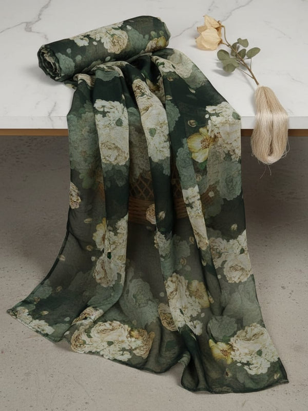 Dark Green Vintage Rose Floral Printed Organza Fabric