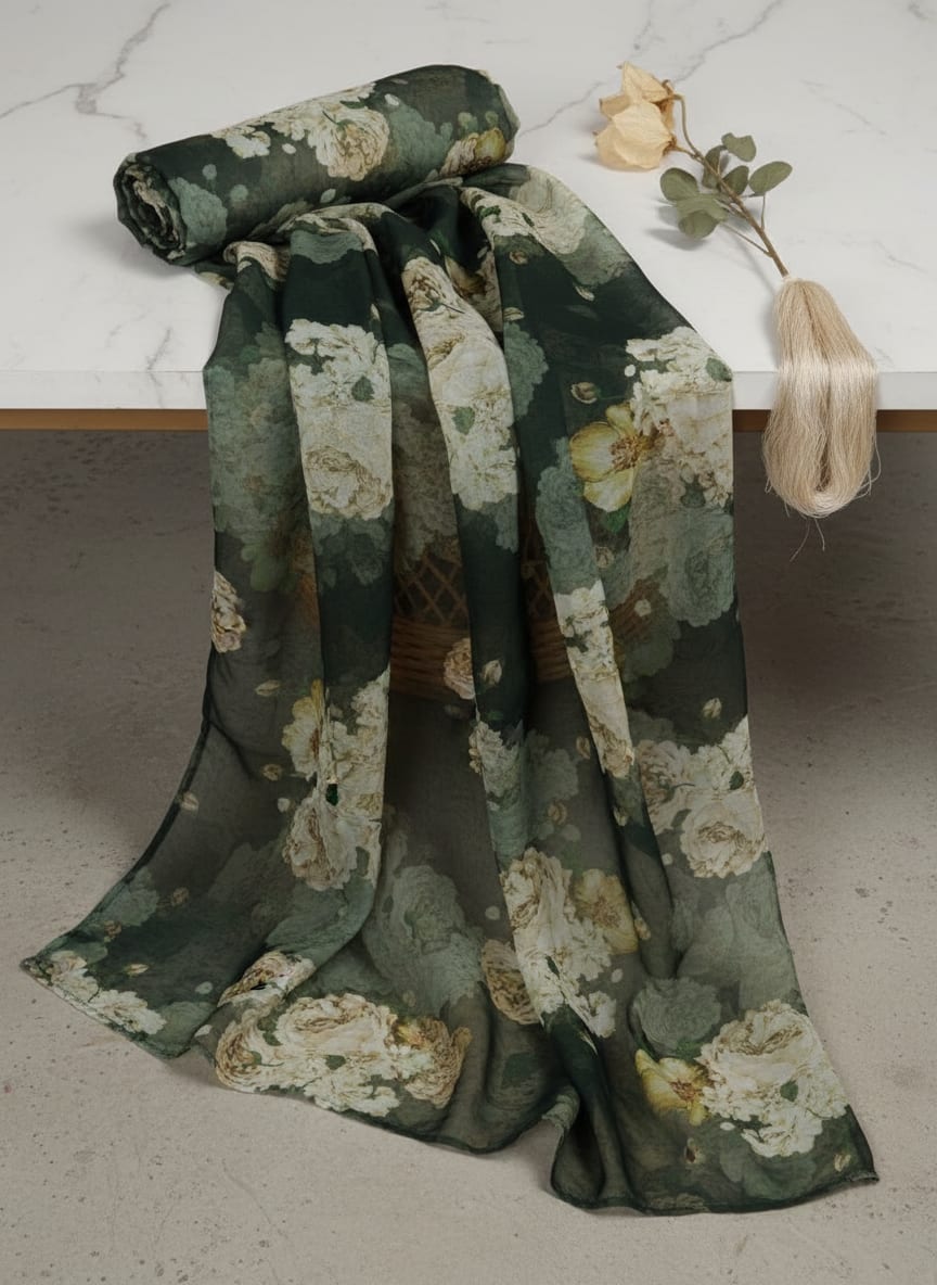 Dark Green Vintage Rose Floral Printed Organza Fabric