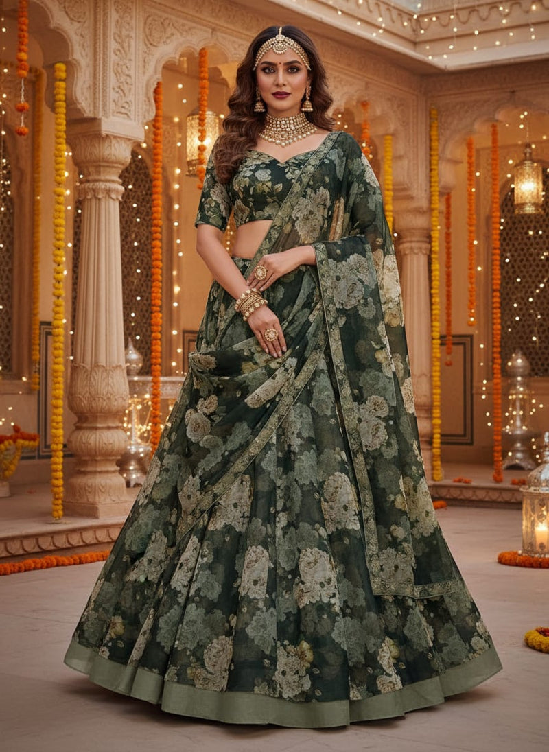 Dark Green Vintage Rose Floral Printed Organza Fabric