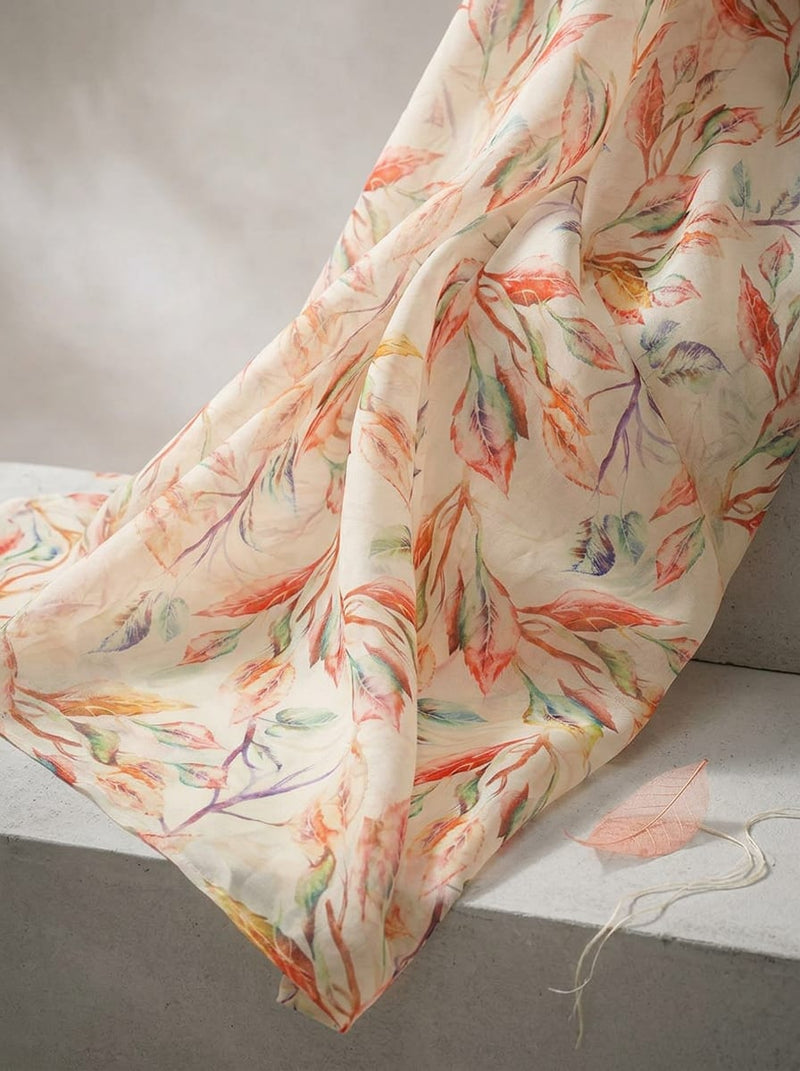 Multicolor Watercolor Botanical Leaf Print Organza Digital Printed Fabric