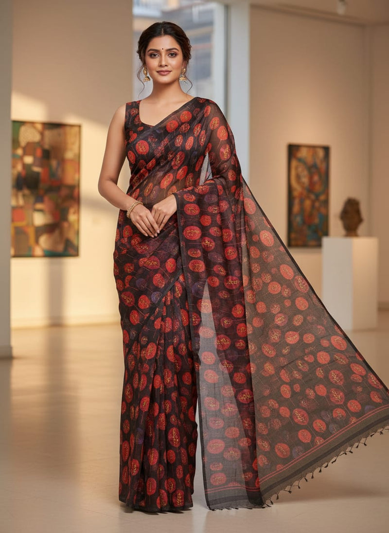 Red & Purple Autumn Leaves Printed Tusser Silk Fabric