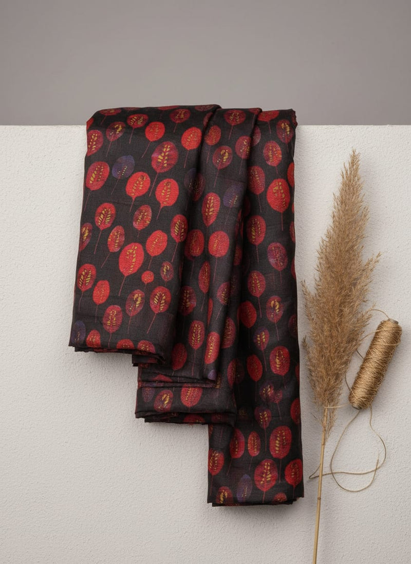 Red & Purple Autumn Leaves Printed Tusser Silk Fabric