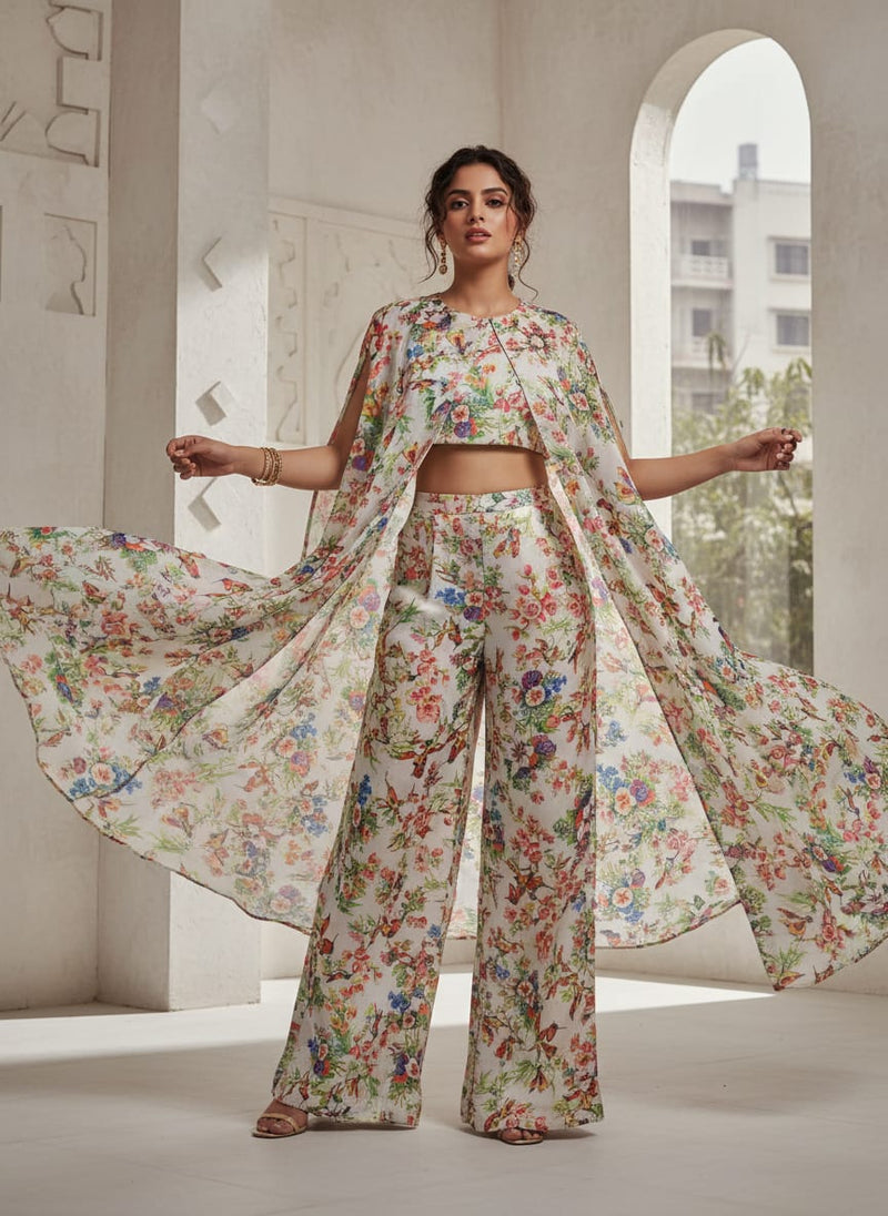 Multi-Colour Bird & Floral Garden Tusser Silk Fabric