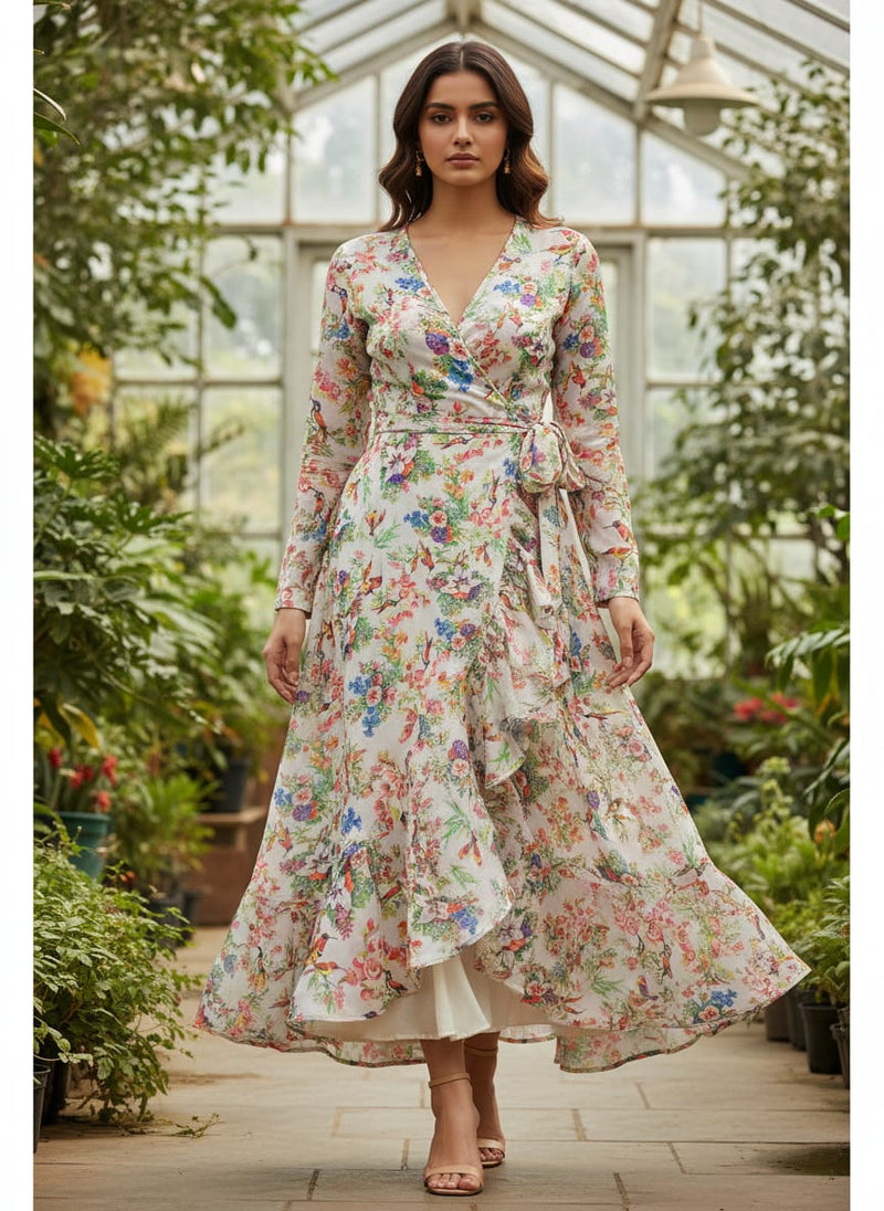 Multi-Colour Bird & Floral Garden Tusser Silk Fabric