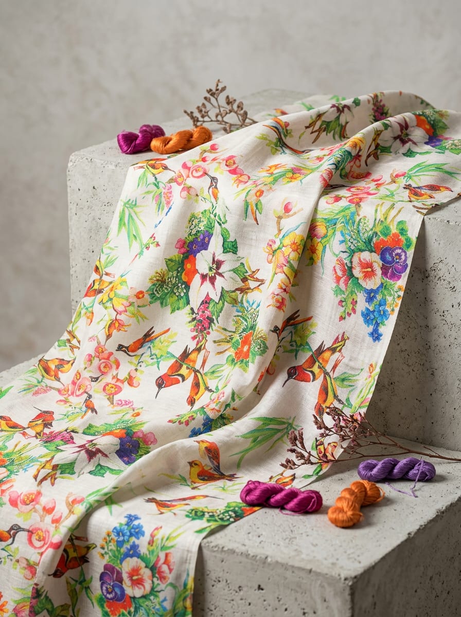 A Vibrant Garden Party on Woven Cloth