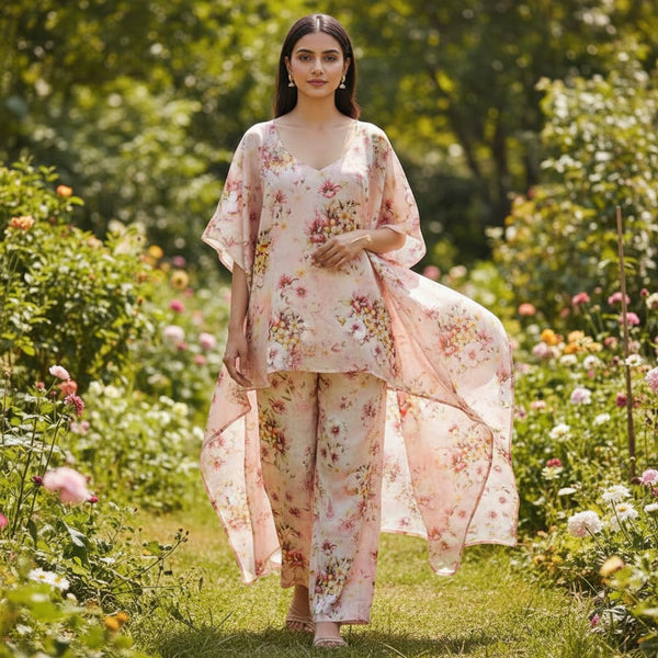 Blush Pink Watercolour Floral Print Tusser Silk Fabric - alternate view