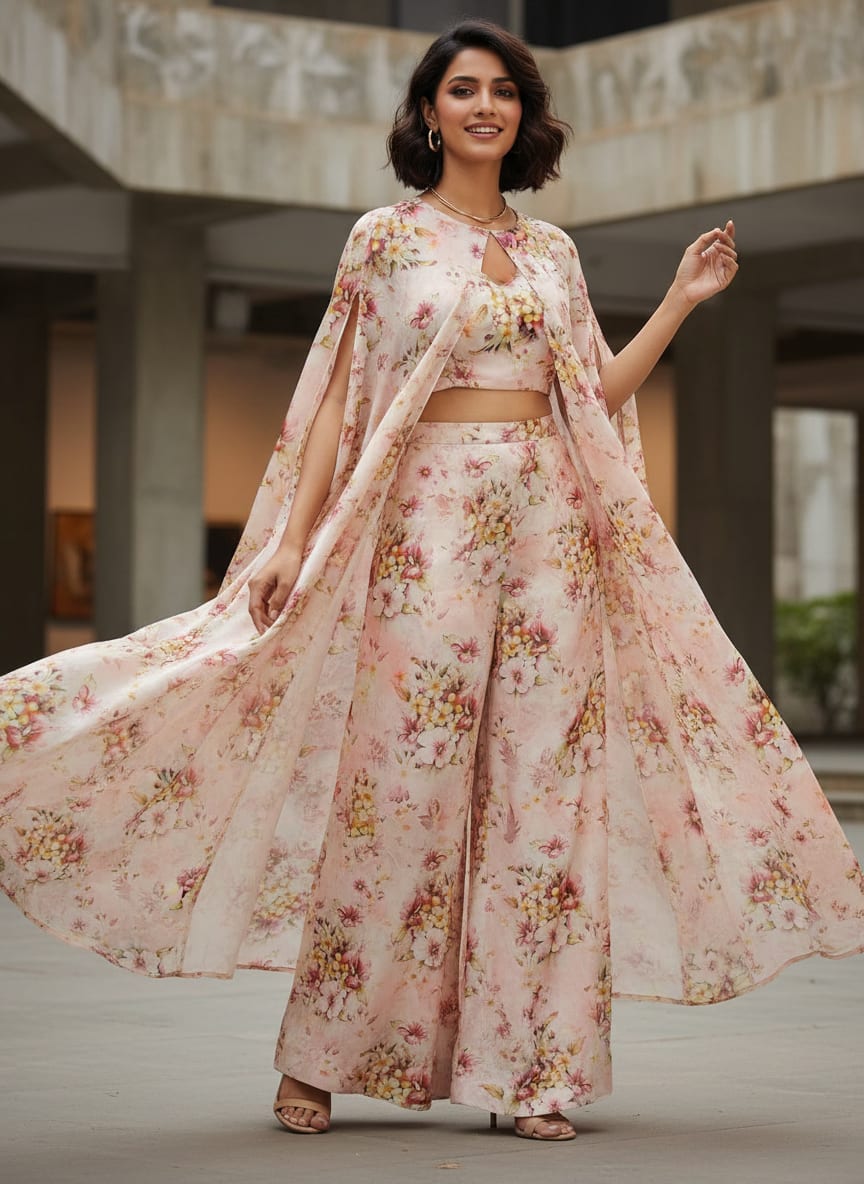 Blush Pink Watercolour Floral Print Tusser Silk Fabric