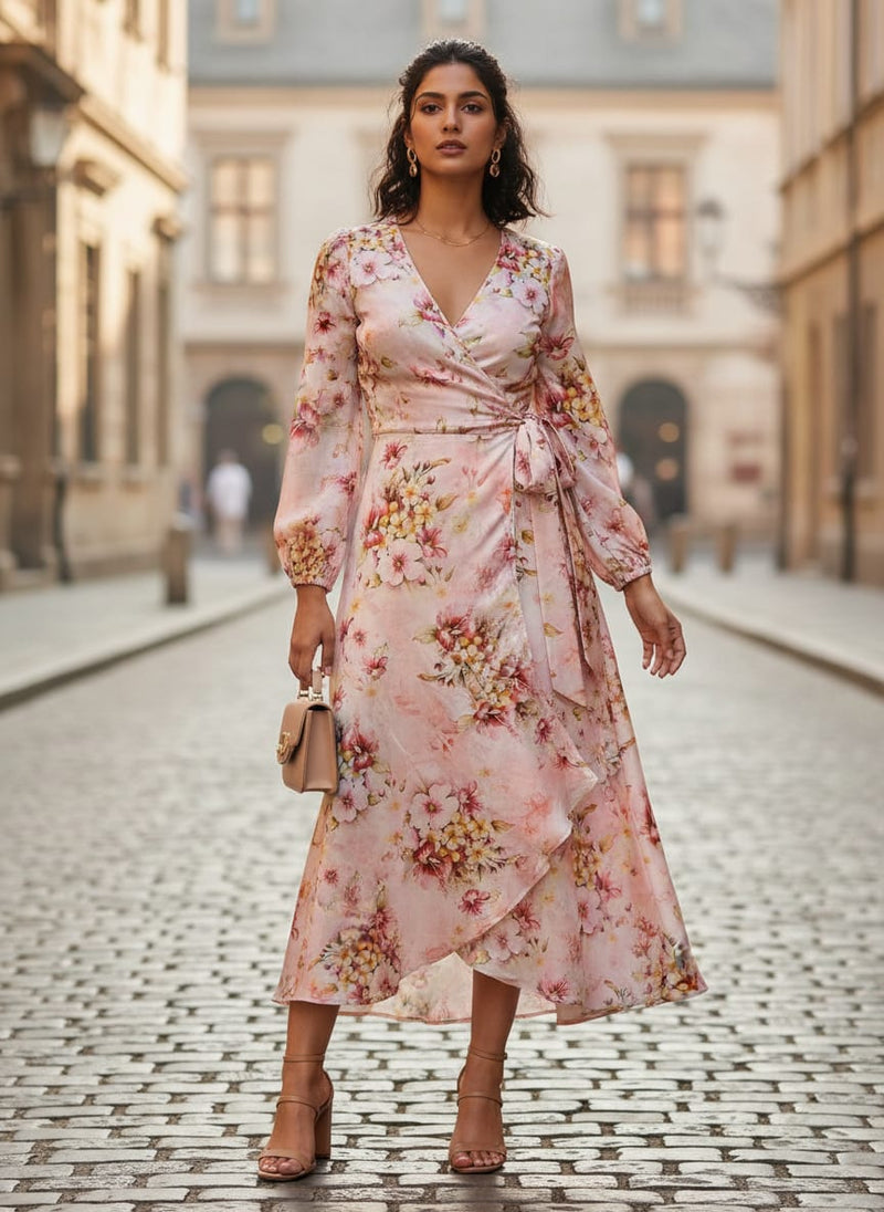 Blush Pink Watercolour Floral Print Tusser Silk Fabric