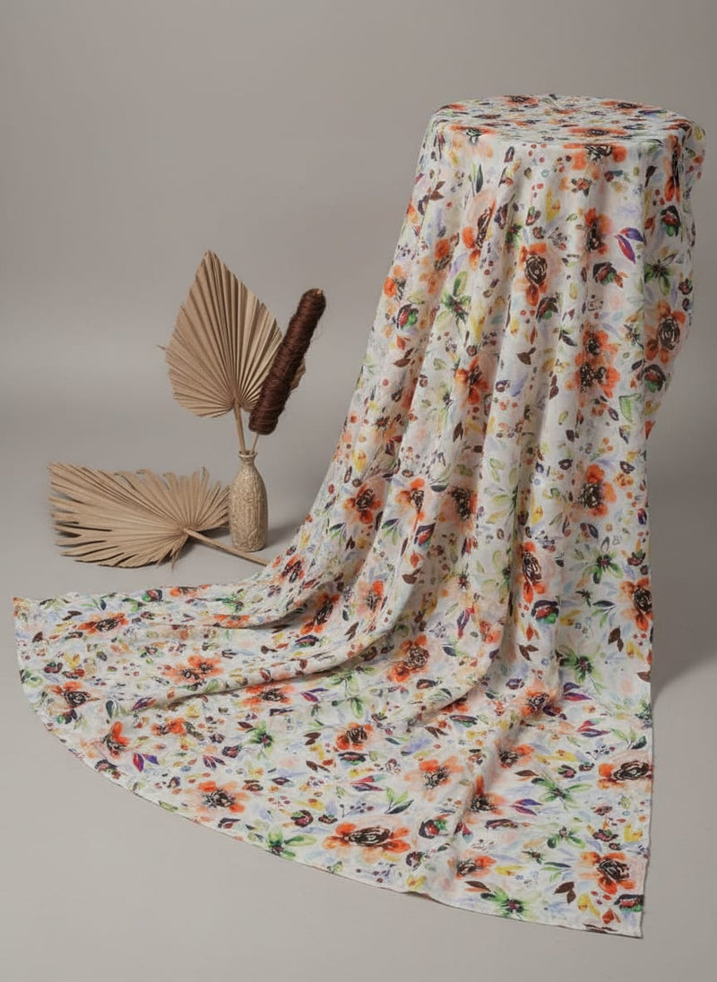 Colourful Watercolour Blossom Printed Soft Muslin Fabric