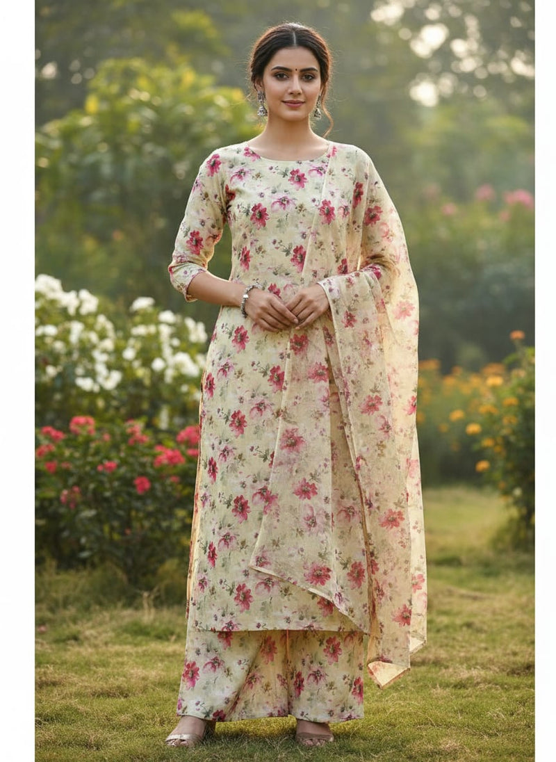 Cream and Pink Watercolour Floral Print Muslin Fabric