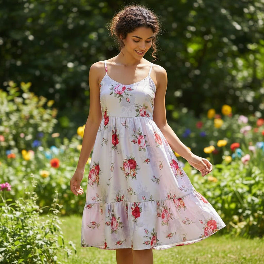 Lavender Japan Satin with Red & Pink Rose Floral Print