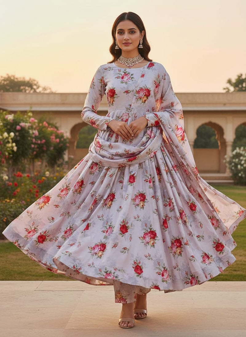 Lavender Japan Satin with Red & Pink Rose Floral Print