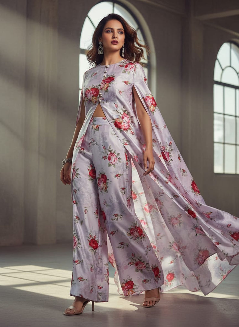 Lavender Japan Satin with Red & Pink Rose Floral Print