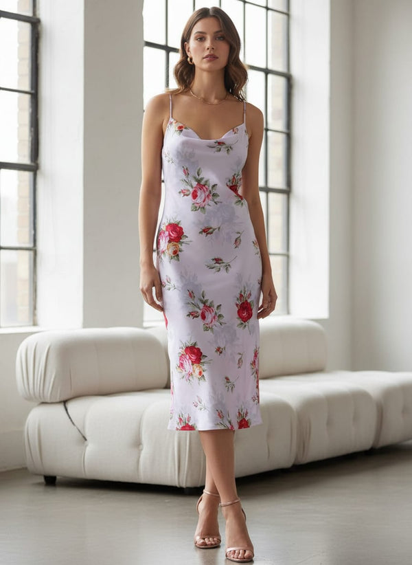 Lavender Japan Satin with Red & Pink Rose Floral Print - Slip Dress Lookbook - JS-0-TA08464-110 - alternate view