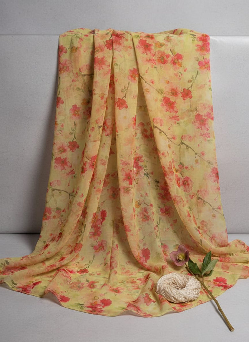 Watercolour Floral Bloom on Lime Green Organza Fabric