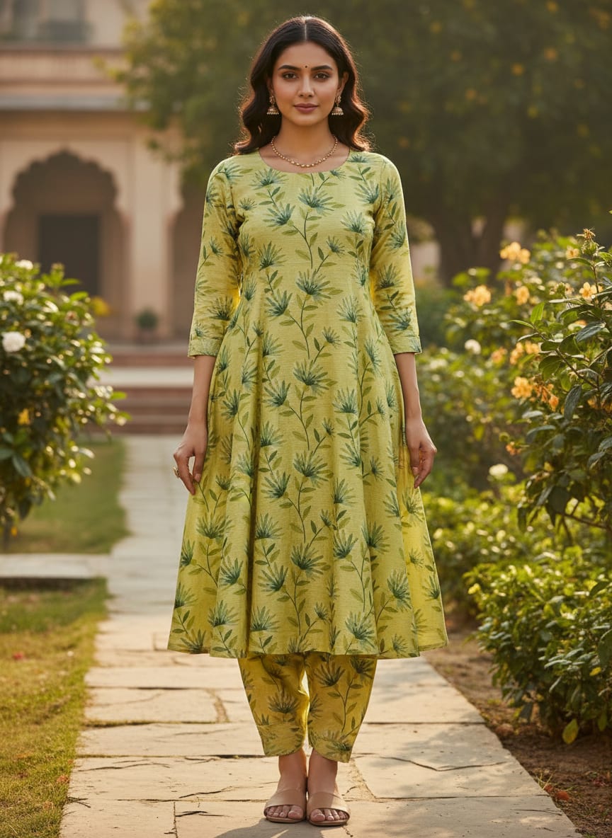 Lime Green Floral Vine Printed Tusser Silk Fabric