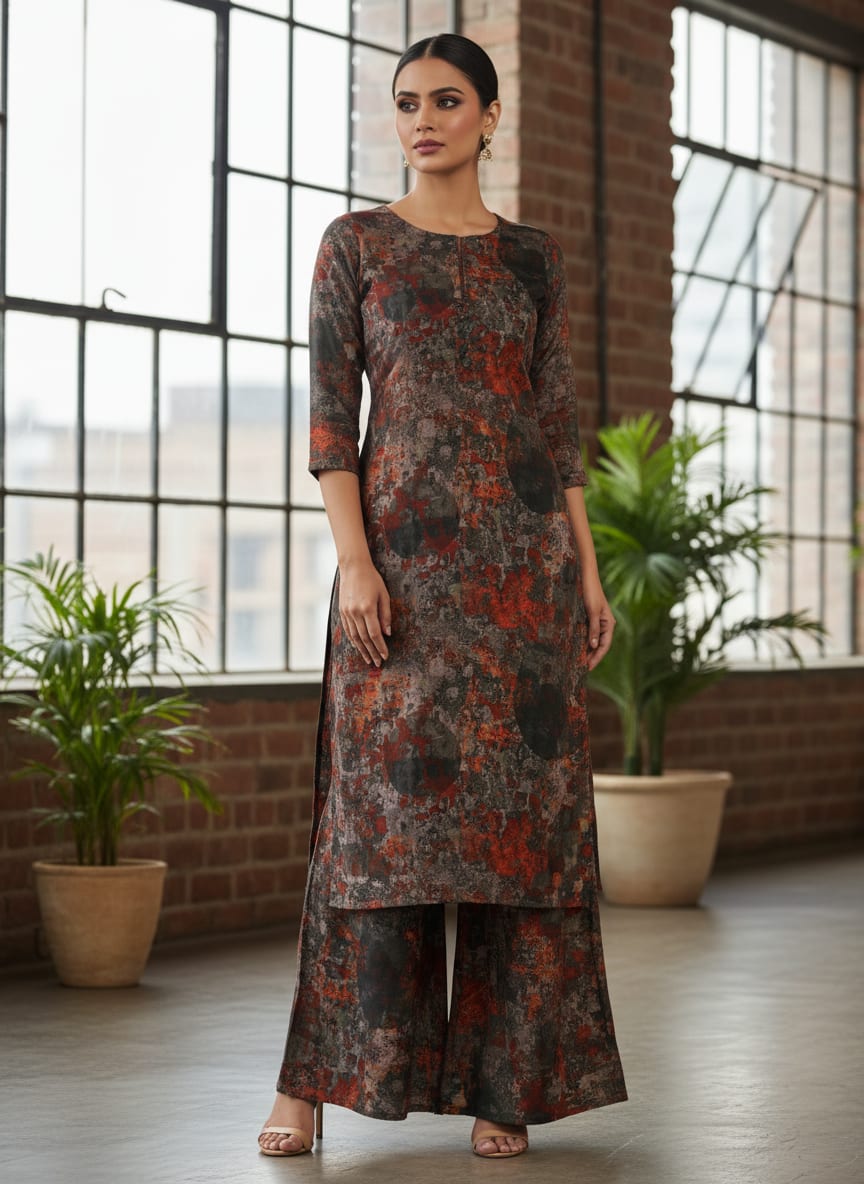Charcoal & Rust Abstract Grunge Printed Rayon Fabric