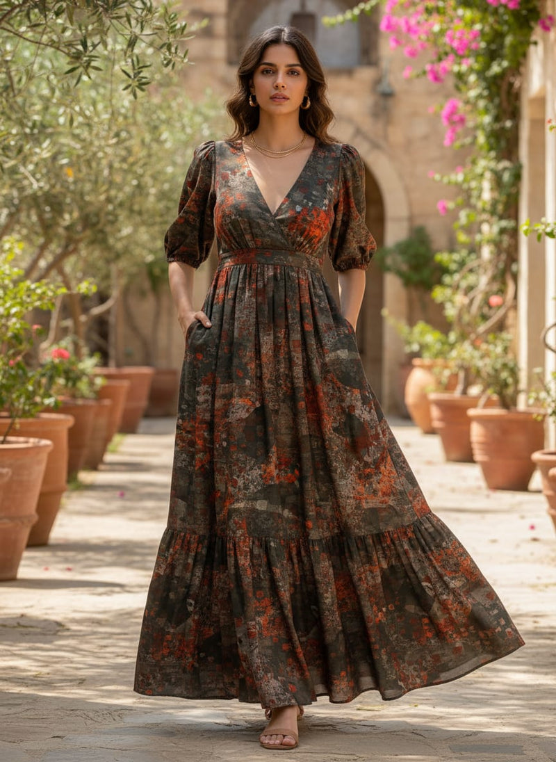 Charcoal & Rust Abstract Grunge Printed Rayon Fabric