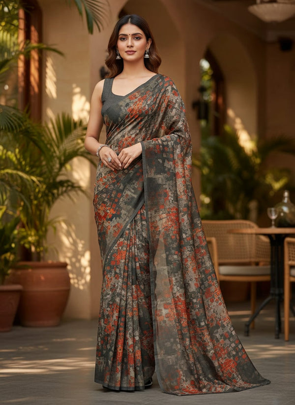 Charcoal & Rust Abstract Grunge Printed Rayon Fabric - Saree Lookbook - RA-0-TA1226-114 - alternate view