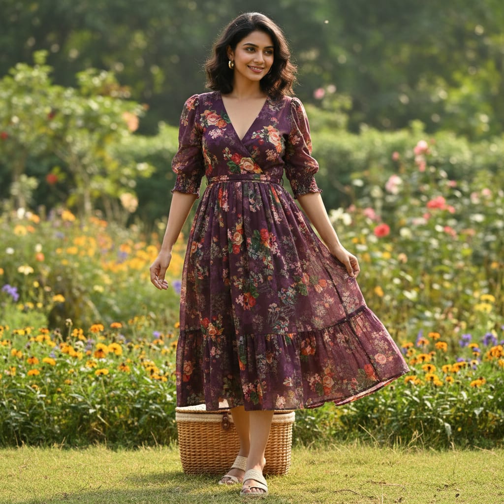 Vintage Floral Bouquet on Deep Purple Muslin Fabric