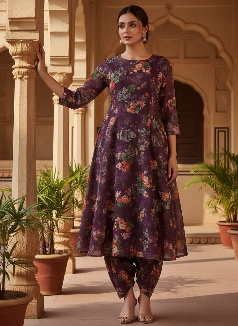 Vintage Floral Bouquet on Deep Purple Muslin Fabric - A-Line Kurta with Salwar Lookbook - MU-0-MA023695-114