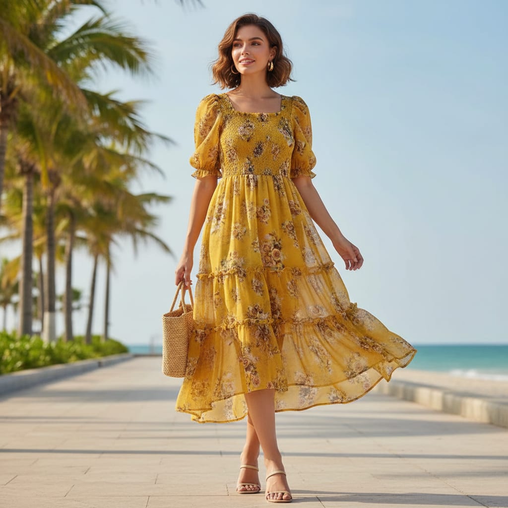 Golden Yellow Organza Fabric with Classic Rose Print