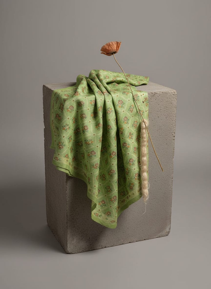 Lime Green Ditsy Floral Ogee Pattern Chanderi Fabric