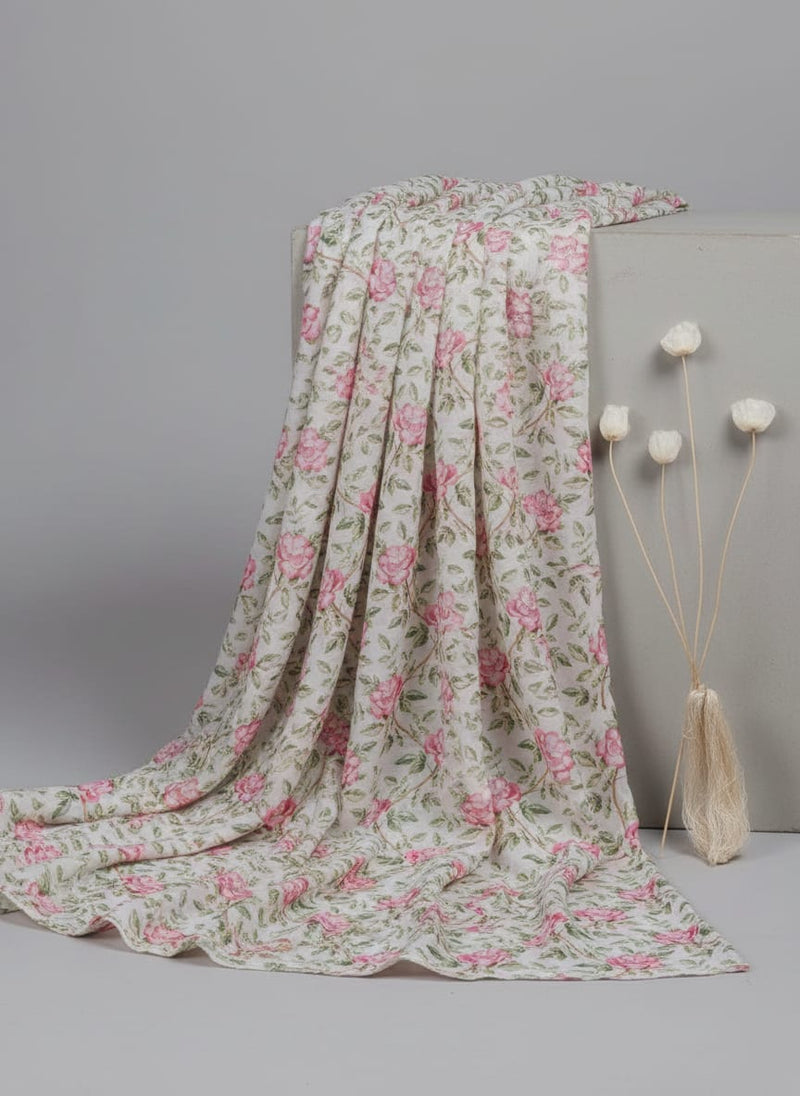 Pink Rose Vine Floral Print on Soft Muslin Fabric