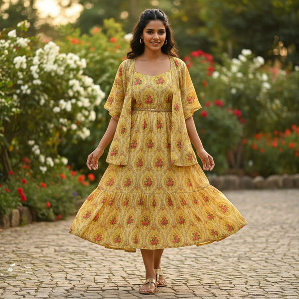 Yellow Damask Floral Print Chanderi Fabric for Kurtis - alternate view