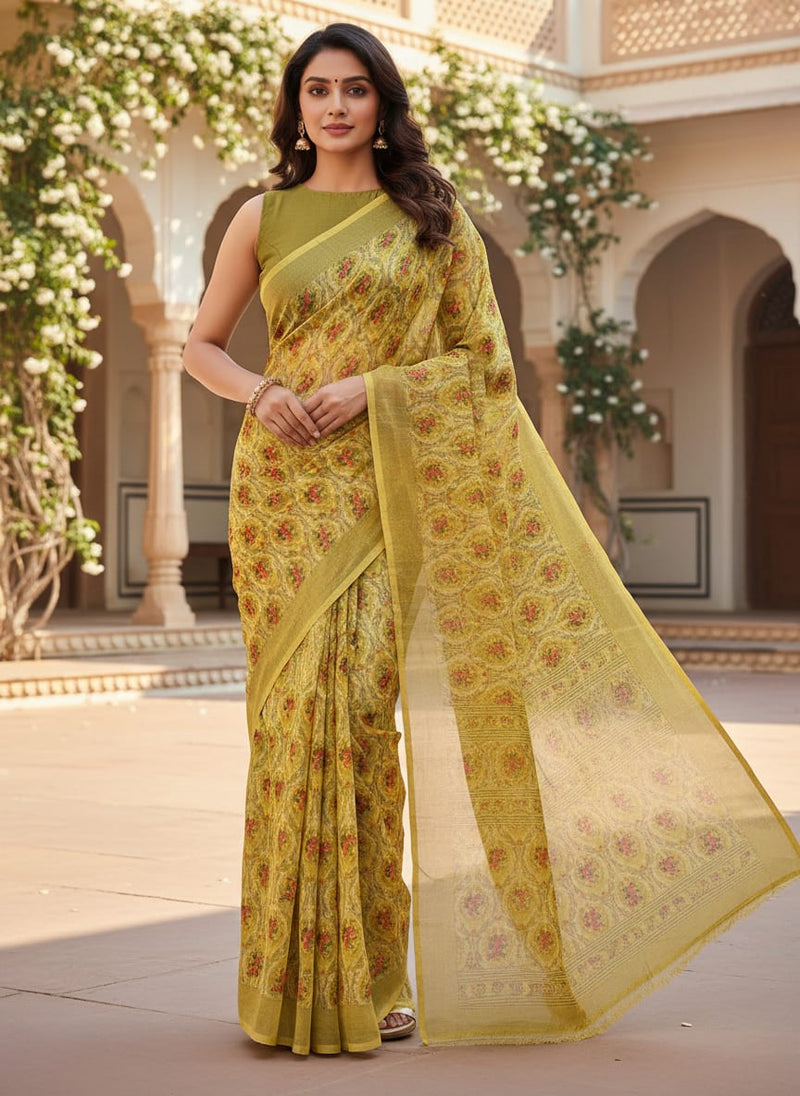 Yellow Damask Floral Print Chanderi Fabric for Kurtis