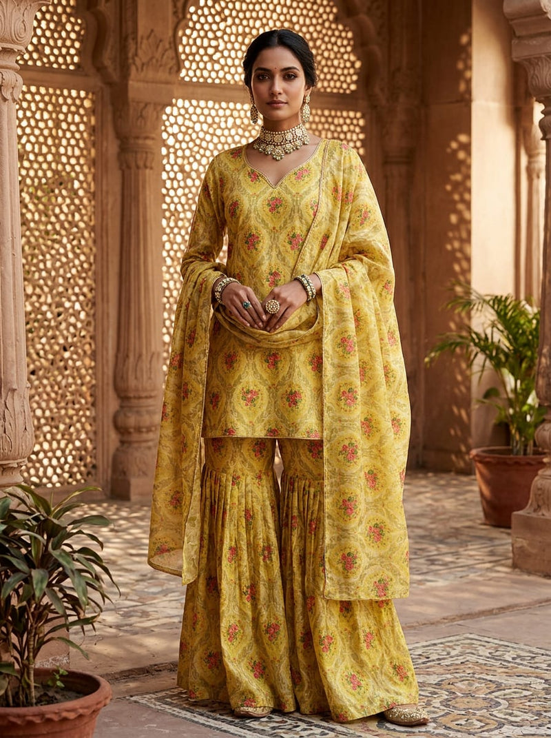 Yellow Royal Floral Damask Pattern Chanderi Digital Printed Fabric