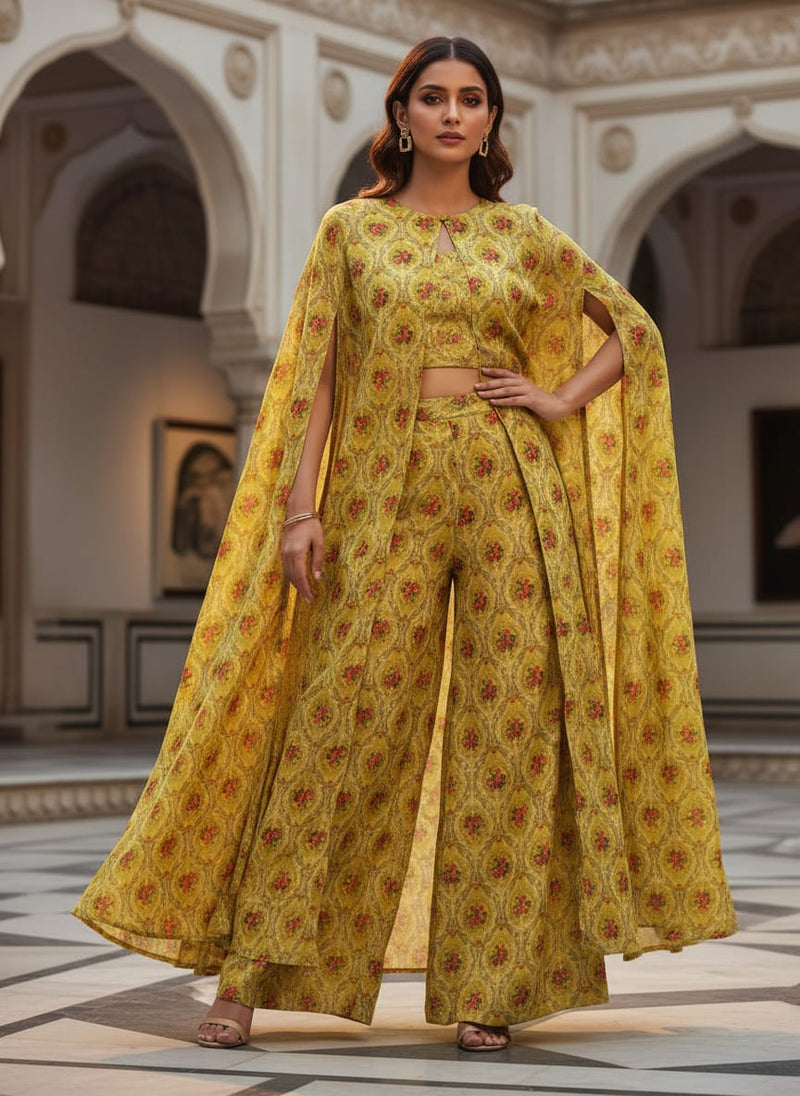 Yellow Damask Floral Print Chanderi Fabric for Kurtis