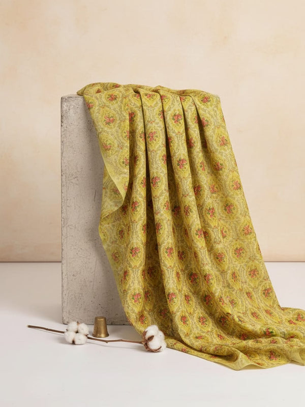 Yellow Damask Floral Print Chanderi Fabric for Kurtis